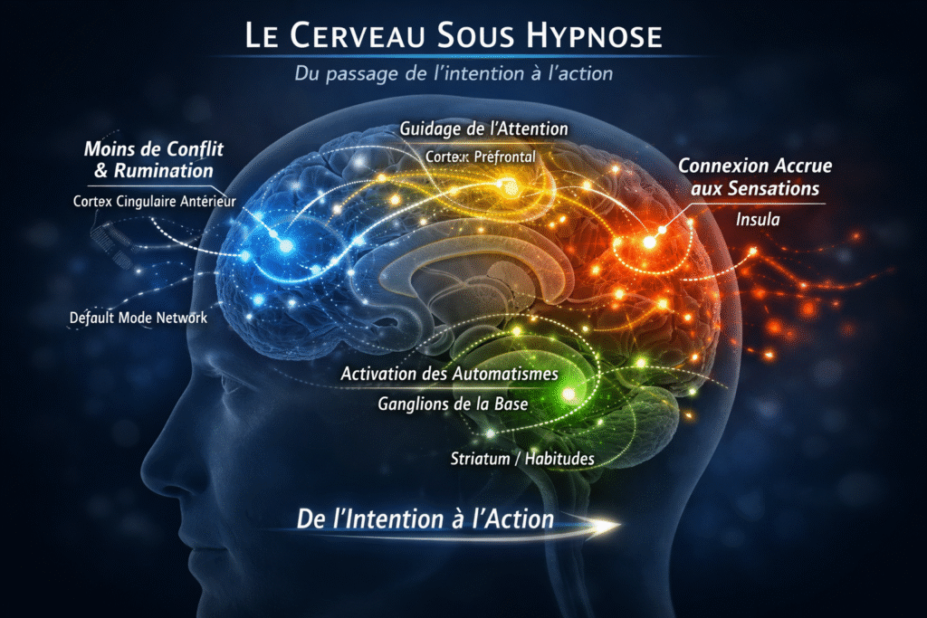 Illustration du cerveau montrant l’attention, le contrôle volontaire et les automatismes dans le circuit décision-action en hypnose.