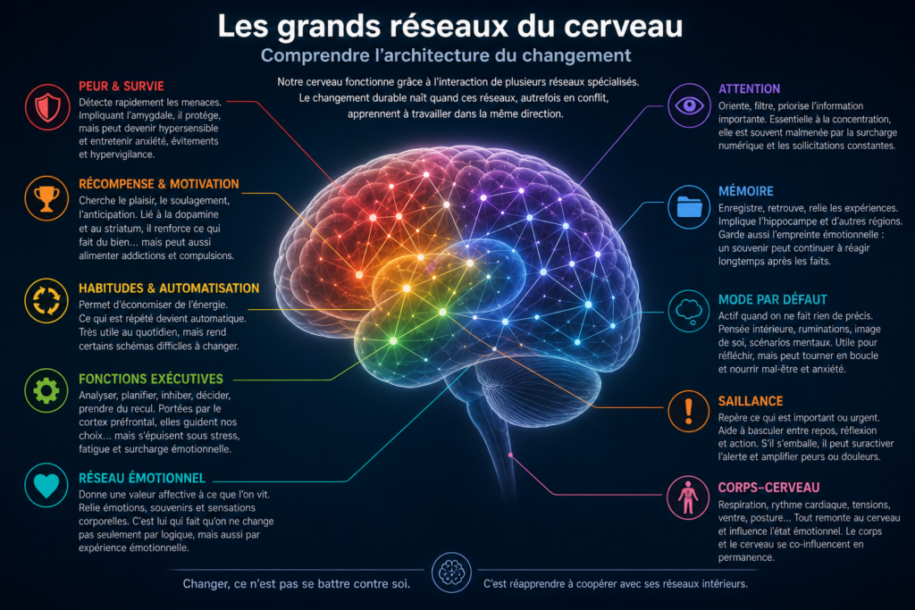 illustration scientifique des grands réseaux du cerveau avec schéma coloré des circuits impliqués dans la peur, la récompense, l’attention, la mémoire, les habitudes, les fonctions exécutives et la boucle corps cerveau