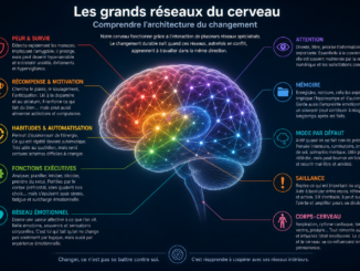 illustration scientifique des grands réseaux du cerveau avec schéma coloré des circuits impliqués dans la peur, la récompense, l’attention, la mémoire, les habitudes, les fonctions exécutives et la boucle corps cerveau
