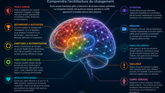 illustration scientifique des grands réseaux du cerveau avec schéma coloré des circuits impliqués dans la peur, la récompense, l’attention, la mémoire, les habitudes, les fonctions exécutives et la boucle corps cerveau