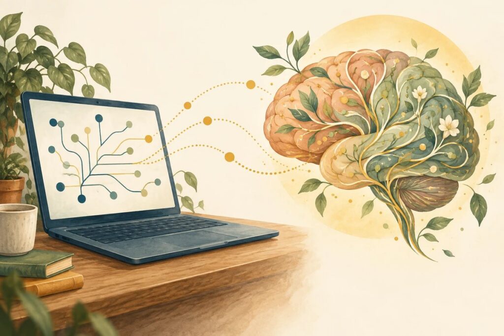 Un ordinateur portable relié par des pointillés dorés à un cerveau formé de feuilles et de fleurs, illustrant le lien entre informatique et fonctionnement du cerveau