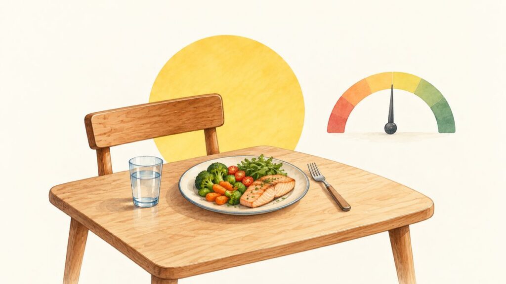 Illustration aquarelle d'une assiette de légumes et de poisson sur une table en bois, à côté d'une jauge de satiété