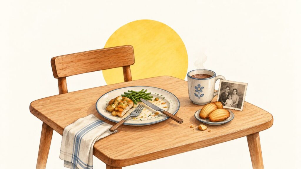 Illustration aquarelle d'une table de famille du dimanche : assiette à moitié pleine, tasse de chocolat chaud, madeleines et vieille photo de famille