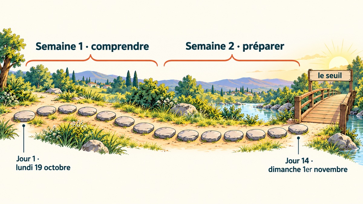 Le parcours des deux premières semaines de Rejoignez la Défume, du jour 1 le lundi 19 octobre au jour 14 le dimanche 1er novembre