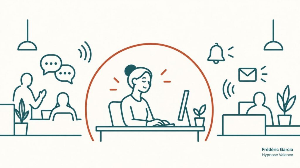 Illustration : une personne hypersensible calme à son bureau, protégée par une bulle au milieu du bruit, des notifications et des mails de l'open space