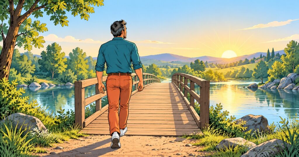 Une personne s’apprête à traverser une passerelle au lever du soleil, image du seuil du quatorzième jour dans Rejoignez la Défume